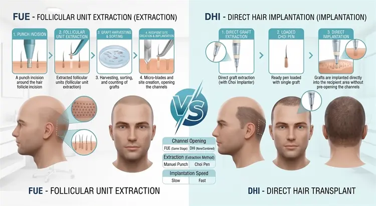 FUE and DHI Hair Transplant: Methods and Graft Survival Analysis